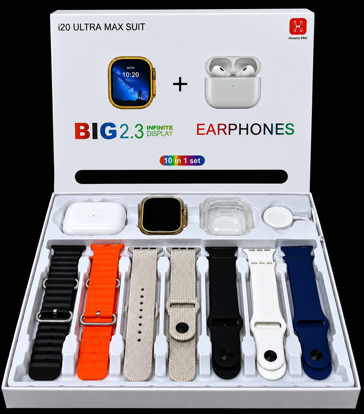 I20 Ultra Max Suit (10-in-1 Set) – Premium Smartwatch with 7 Interchangeable Straps & AirPods | Complete Combo for Men & Women (Random Color)