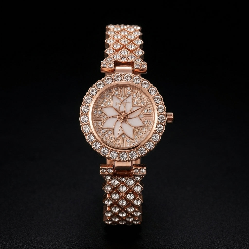 Luxury Floral Crystal Quartz Wrist Watch for Women – Rhinestone Bracelet Analog Fashion Wristwatch for Daily Wear, Party & Gift - Gold