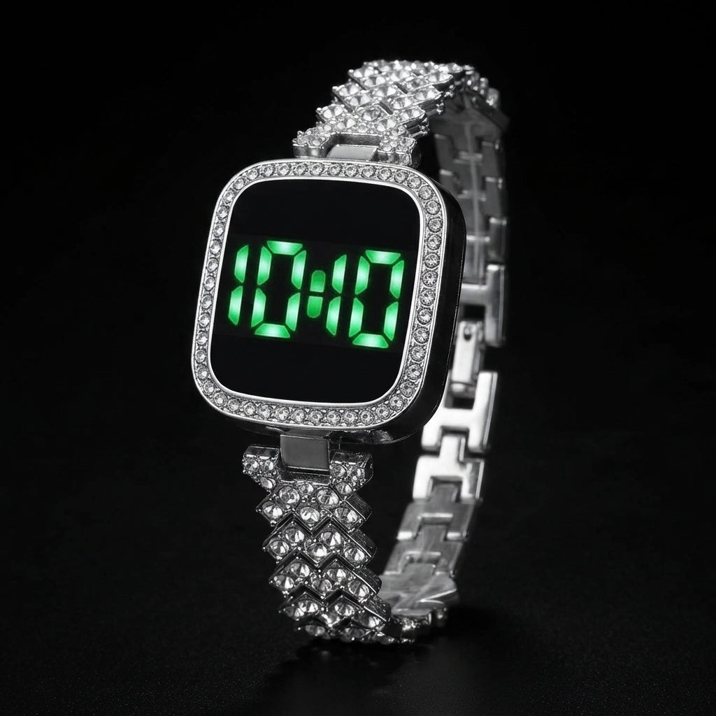 Watch for Girls Diamond Touch Screen LED Watch for Ladies Stylish Fashion Watch For Girls in Silver Stone Square Dial Shape For Gift