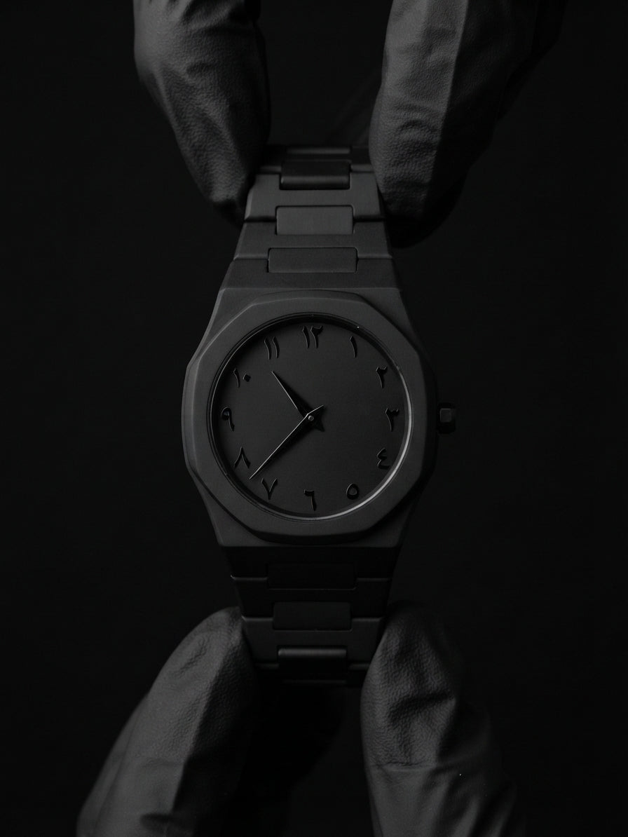 Black Minimalist Analog Wrist Aura Watch With Stainless Steel Strap And Butterfly Lock