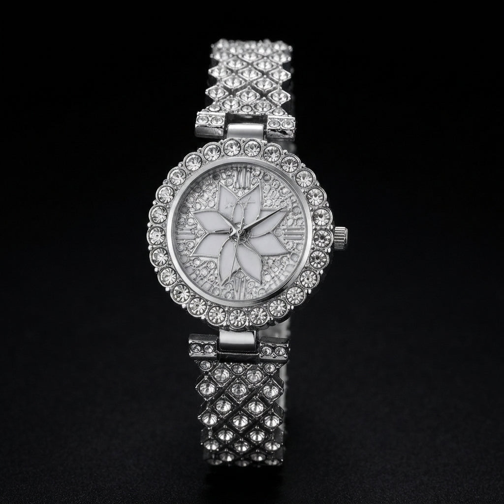 Luxury Floral Crystal Quartz Wrist Watch for Women – Rhinestone Bracelet Analog Fashion Wristwatch for Daily Wear, Party & Gift - Gold