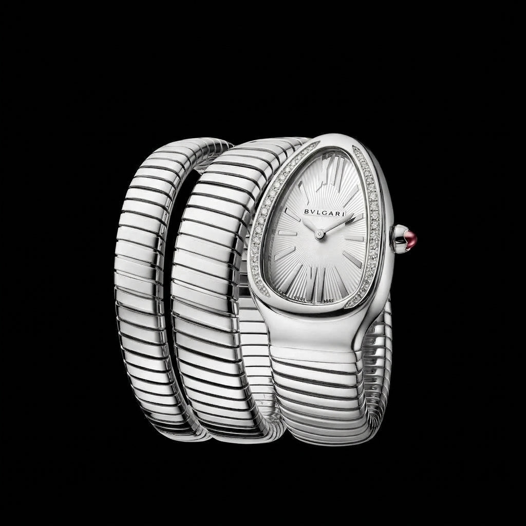 Triple‑Wrap Snake Watch | Diamond‑Set Bezel | Luxury Fashion Accessory - Silver