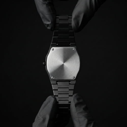 Black Minimalist Analog Wrist Aura Watch With Stainless Steel Strap And Butterfly Lock