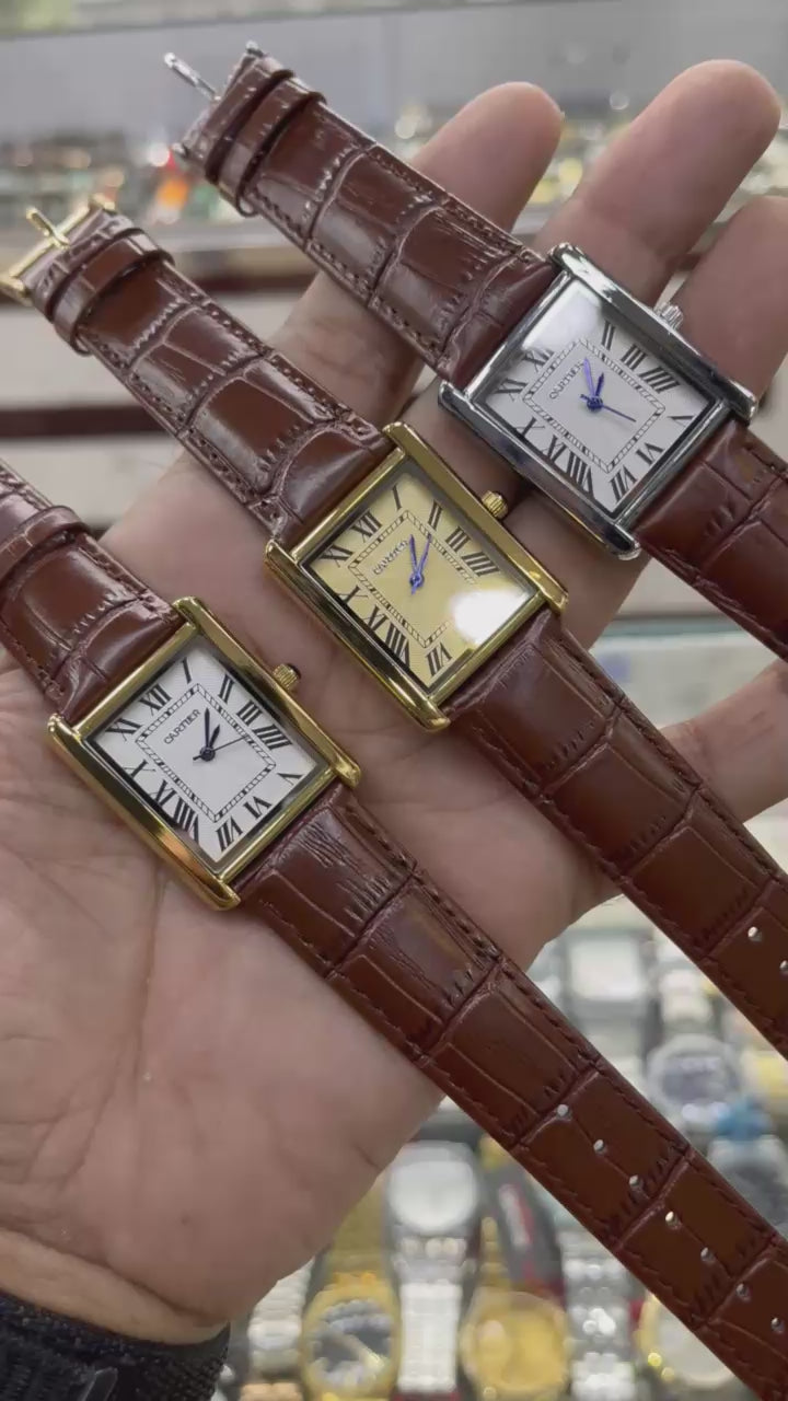 Cartier Style Rectangular Analog Watch for Men – Brown Leather Strap | Quartz Wrist Watch - Golden